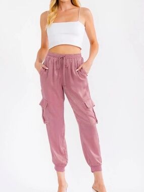 Baevely Satin Cargo Jogger Pants Dusty Rose Pink Size S NWT